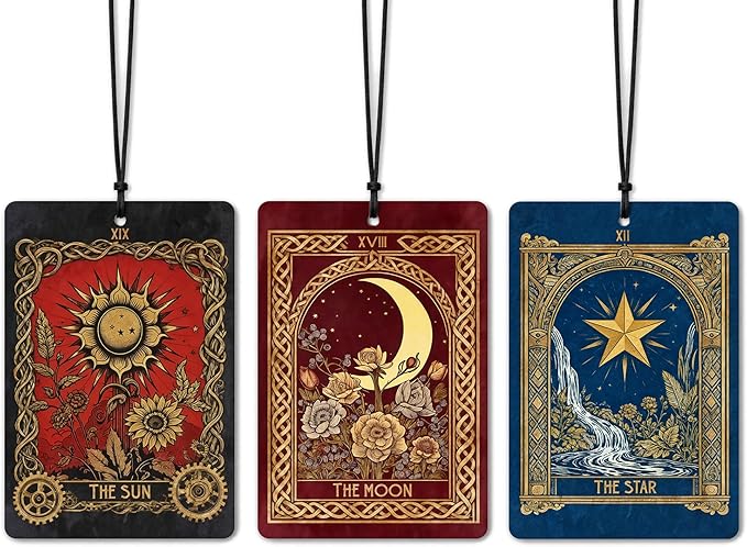 Vintage Boho Witchy Tarot Card Car Air Freshener 3 Pcs, the Sun Moon Star Tarot Card Air Freshener Hanging for Cars Books Closet Drawer, Witchy Car Accessories for Women Men（01）