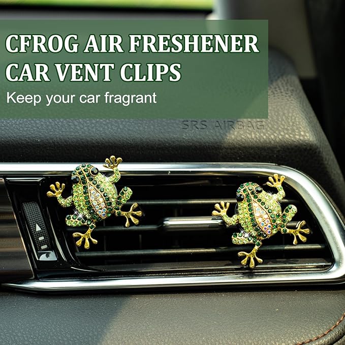 2Pcs Tree Frog Air Freshener Vent Clip, Cute Air Diffuser Clips, Bling Rhinestone Car Outlet Decor, Frog Car Accessories for Women