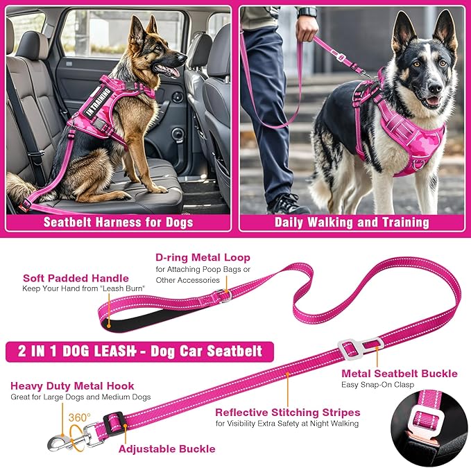 Tactical Service Dog Vest and Leash Set,Heavy Duty No Pull Dog Harness and 10 Patches with Dog Seat Belt for Medium Dogs,Reflective Pet Harness for Training Walking Hiking Camo Pink M