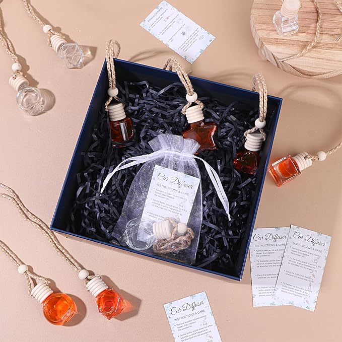 48 Sets Hanging Car Air Freshener Diffuser Bottles Bulk with Car Diffuser Instructions Car Card Empty Glass Essential Oil Diffuser Bottles Fragrance Perfume Pendant Bottle for Staff Employee