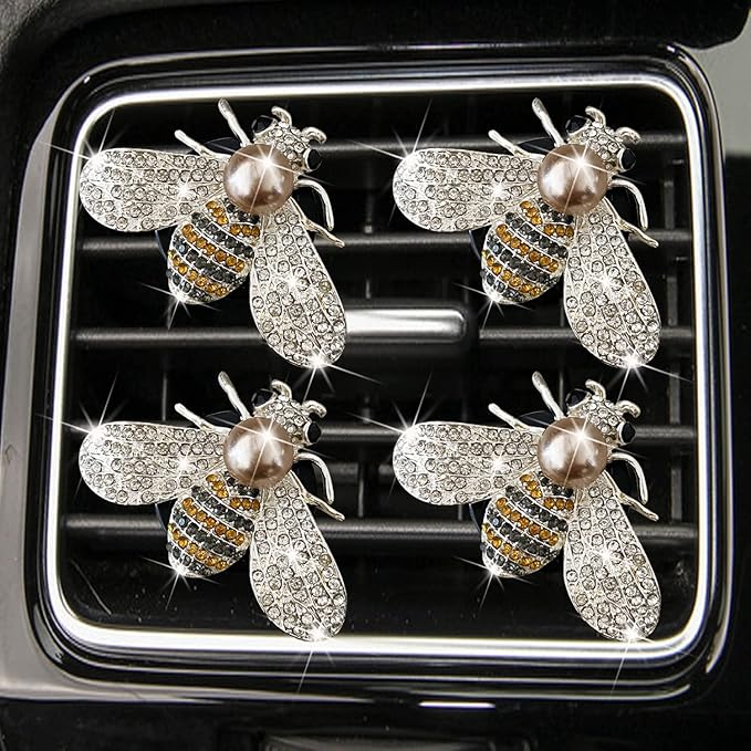 Bling Bee Air Vent Clips, 4 Pcs Crystal Car Air Fresheners Vent Clips Car Diffuser Vent Clip Rhinestone Diamond Bee Decoration Interior Decor Bling Accessories for Women (4 Pcs Bee)