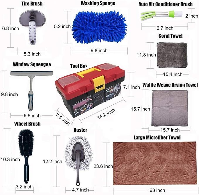 Car Cleaning Tools Kit, Car Wash Tools Kit for Detailing Interiors Premium Microfiber Cleaning Cloth - Car Wash Sponges - Tire Brush - Window Water Blade