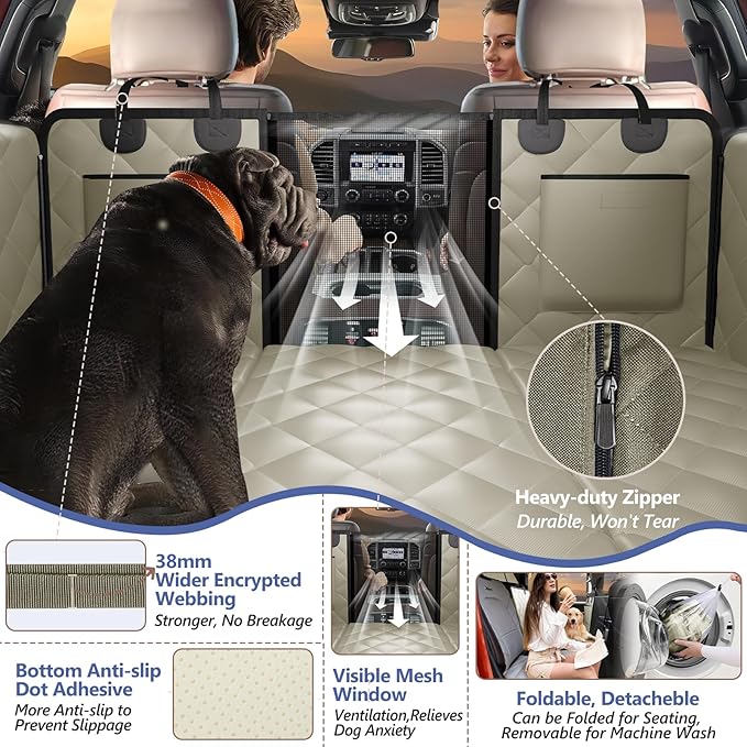 Back Seat Extender for Dogs Truck-Large Space, Dog Pet Seat Cover Back Seat Hard Bottom Holds 400lb, Waterproof Dog Hammock for Crew Cab Trucks F150, RAM1500, Sierra, Tundra, Silverado, Khaki
