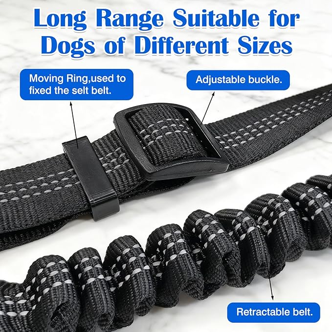 Black Adjustable Dog Car Safety Seat Belt with Elastic Cushion Leash & Anti-Tangle Metal Buckle