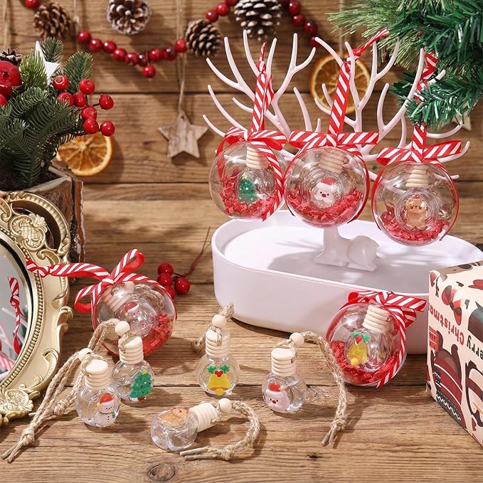 Remerry 20 Pcs Christmas Employee Appreciation Gifts Xmas Hanging Car Air Freshener Diffuser Empty Glass Perfume Bottle with Clear Plastic Ornament Ball Ribbon for Essential Oil Fragrance