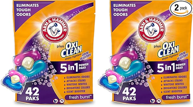 Arm & Hammer Plus OxiClean With Odor Blasters Laundry Detergent 5-IN-1 Power, 42 count (Packaging may vary) (Pack of 2)