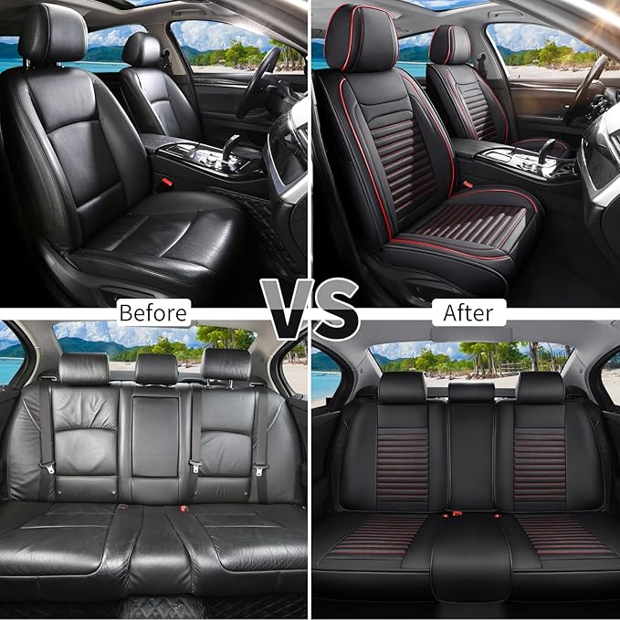 Car Seat Covers Full Set Fit for Toyota RAV4 2001-2026, Premium Faux Leather Car Seat Protector,Breathable Anti-Slip Full Wrapping Edge Seat Covers(Black&Red,Full Set)