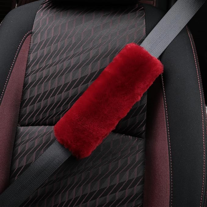 Soft & Cozy Australian Sheepskin Car Seat Belt Covers,2 Pack Fluffy Seatbelt Pads, Genunie Sheepskin Fur Shoulder Straps Cushions for Adults Kids Women and Men (Red)