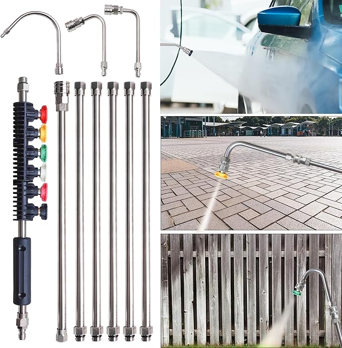 Xiny Tool Pressure Washer Extension Wand, 20 Pack Power Washer Lance with 5 Atomization Nozzle Tips,1 Gutter Cleaner Attachment Curved Rod, 1/4" Quick Connect, 4000 PSI