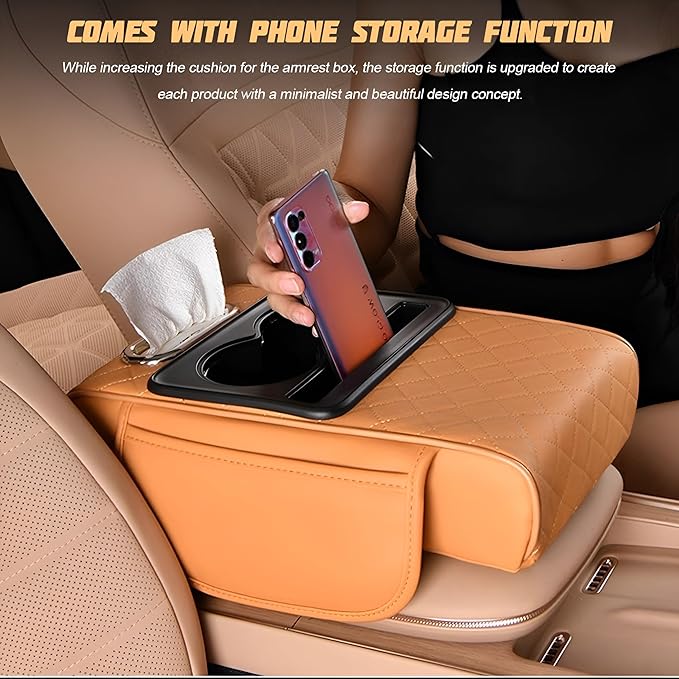 Car Center Console Armrest Pillow, Memory Foam Leather 4 in 1 Vehicle Arm Rest Cover with Tissue Box 2 Side Storage Bag Cup & Phone Holder, Auto Armrest Cushion, Universal Fit (Beige)