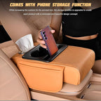 Car Center Console Armrest Pillow, Memory Foam Leather 4 in 1 Vehicle Arm Rest Cover with Tissue Box 2 Side Storage Bag Cup & Phone Holder, Auto Armrest Cushion, Universal Fit (Wine Red)