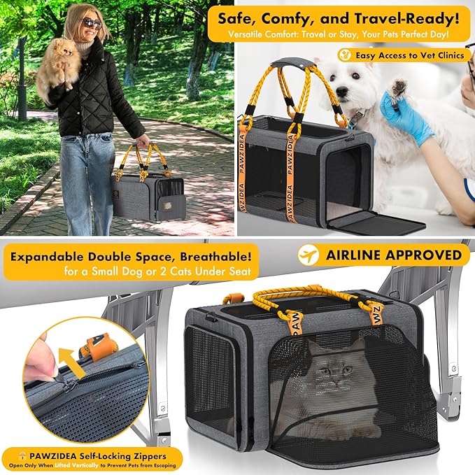 PAWZIDEA Expandable Pet Carrier Airline Approved, 18"×11"×11" Small Dog Carriers, Collapsible Top-Load Cat Carrier for 2 Cats Under Seat, Soft-Sided Puppy & Animal Travel Bag, ID Card, Up to 15lbs
