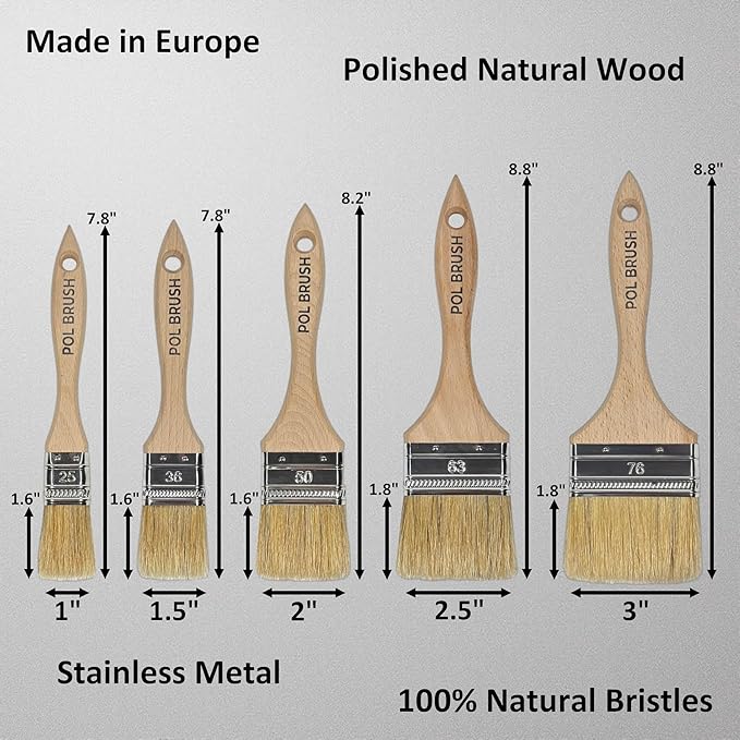 Set of 5 1, 1.5, 2, 2.5, 3 Inch Flat Paint Brushes - High European Quality - Natural Bristles - for Home, Wood, Walls, Art, Trim & Furniture - for Acrylic, Oil, Stain, Chalk & Latex Paints