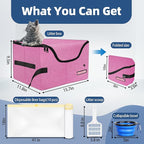 Petskd Portable Travel Litter Box for Cats with Lid and 10 pcs Liner Bags, Light Weight, Leak-Proof and Higher Sides for Road Trips, Hotel Stays, Car Travel(Pink)