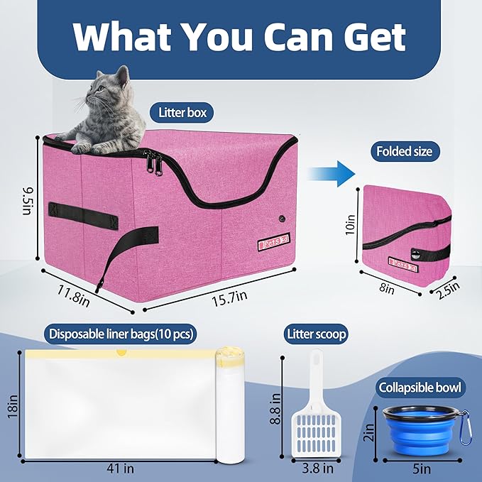 Petskd Portable Travel Litter Box for Cats with Lid and 10 pcs Liner Bags, Light Weight, Leak-Proof and Higher Sides for Road Trips, Hotel Stays, Car Travel(Pink)