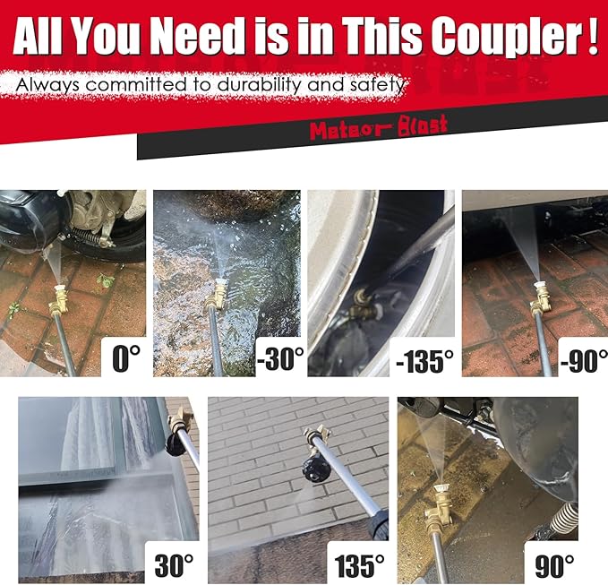 Meteor Blast Pivoting Coupler, 270 Degree with 7 Angles, heavy duty design and Stainless Steel Safety Lock for Pressure Washer Spray Nozzle, Clean Hard to Reach Area, 5000PSI, 1/4” Quick Connect
