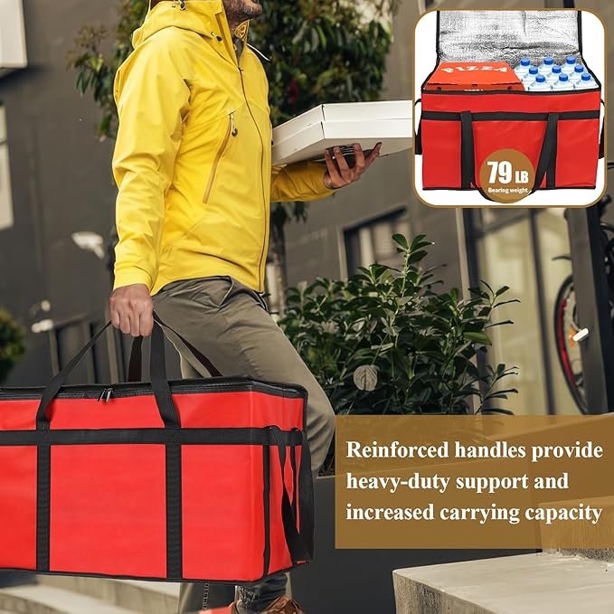 PEASUG 2Pcs Insulated Bags for Food Delivery, XXXL Pizza Delivery Bags, Large Capacity Cooler Bag Keep Food Warm for Grocery Shopping and Catering, Foldable, Heavy-Duty (Red)