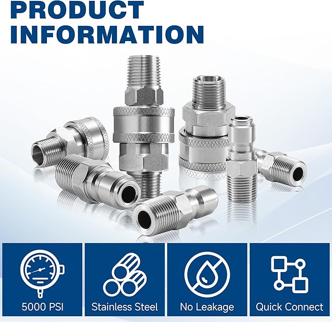 3/8 Inch NPT Pressure Washer Adapter Set, 12-Piece Stainless Steel External Thread Quick Connector Kit - 3/8" NPT Male Thread Quick Connect Hose Fittings, 5000 PSI