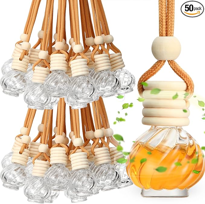 Rtteri 50 Pcs Car Air Fresheners Diffuser for Essential Oil Empty Hanging Bottle Glass Bottles Refillable Perfume Pendant Aromatherapy Fragrance Ornament Decor(Classic Style)