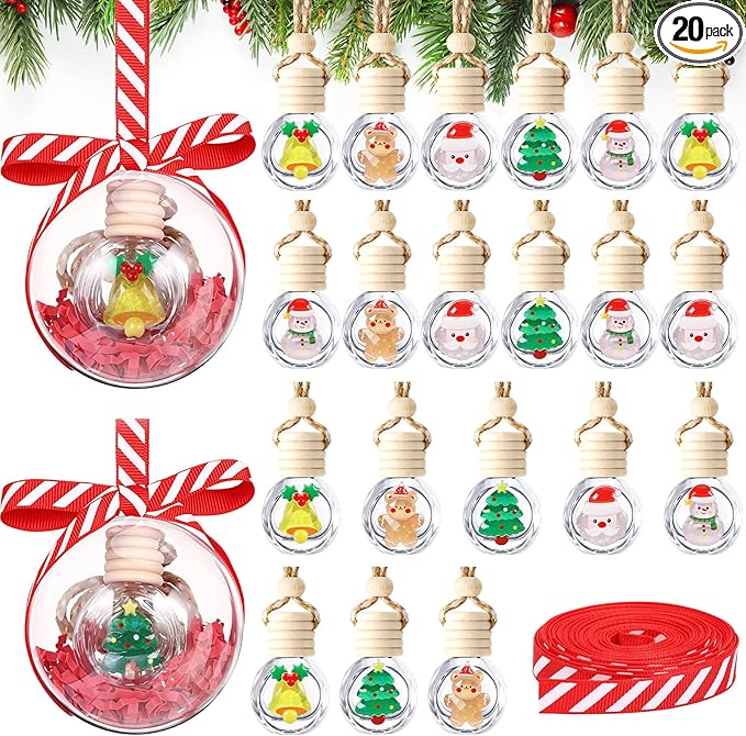 Remerry 40 Pcs Christmas Employee Appreciation Gifts Xmas Hanging Car Air Freshener Diffuser Empty Glass Perfume Bottle with Clear Plastic Ornament Ball Ribbon for Essential Oil Fragrance
