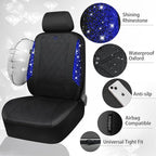 CAR PASS Oxford Bling Diamond Car Seat Covers Full Set Interior Sets, Waterproof Shining Glitter Sparkly Crystal Universal Armrest Fit 95% Automotive Truck SUV Cute Women Girl, Black Blue Rhinestone
