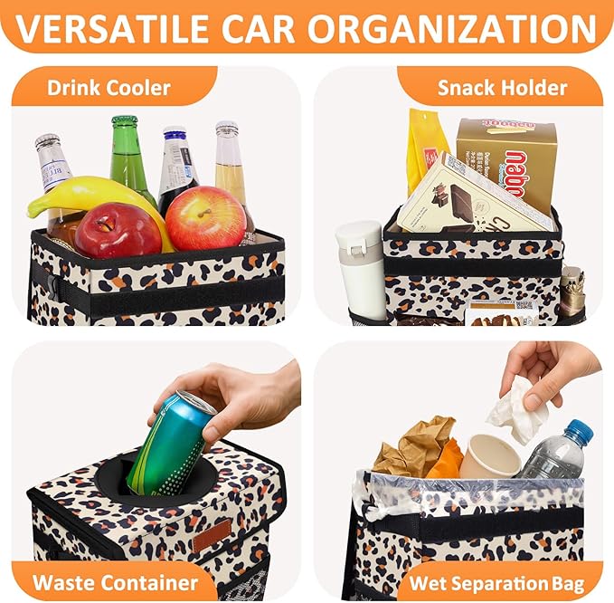 3 Gallons Cute Car Trash Can, Car Accessories for Interior Leak Proof Can Trash Bag Hanging Waterproof Automotive Vehicle Garbage Cans Leopard Print Pattern