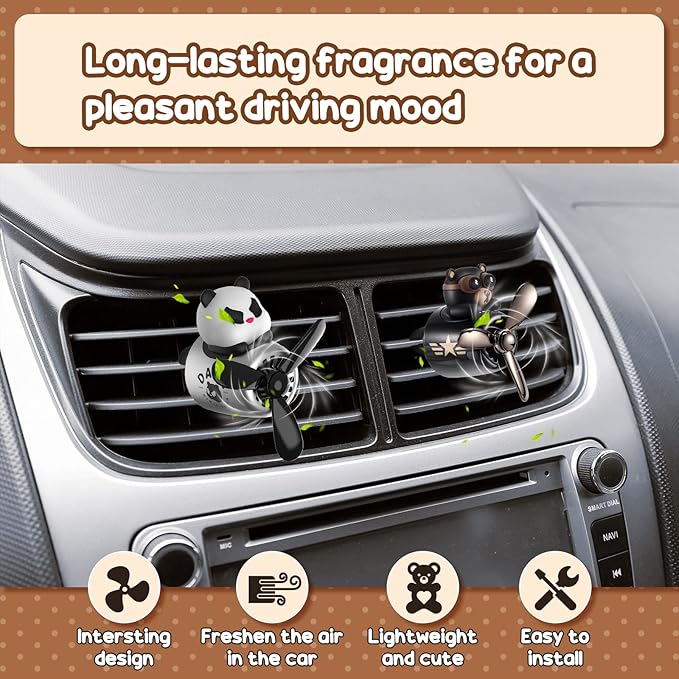 2 Pcs Car Air Freshener Cute Car Diffuser Cartoon Outlet Fan Air Diffuser for Car Vent Perfume Automotive Decoration(Panda, Bear)