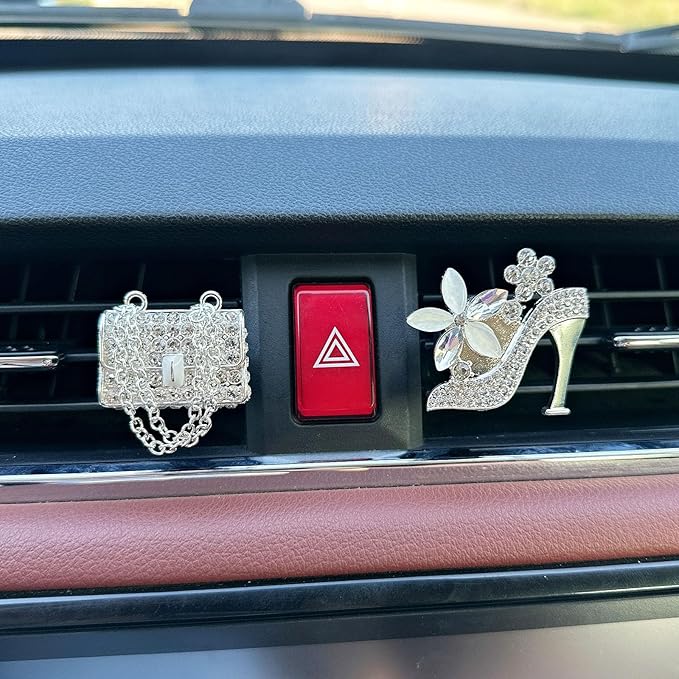 Crystal Heart Car Air Vent Clips - Sparkly Rhinestone Bling Diamond Auto Freshener Holder 4 Pack with Fragrance, Replaceable Car Diffuser for SUV & Sedan (silver High Heel Chain Bag, Ocean)
