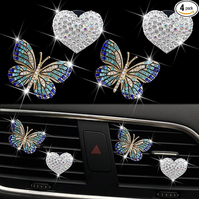 Bling Heart Butterfly Air Freshener Clips, 4 Pcs Car Vent Diffuser, Rhinestone Decoration, Cute Interior Accessories for Women (Blue)