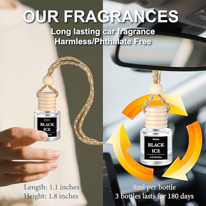 Hanging Car Air Freshener (Pack of 3) : Luxury Car Perfume for Women Men | Cute & Reusable Bottle with 45+ Days Long-Lasting Fragrance Oil Diffuser, Black ice & Forest Reserve & Volcano