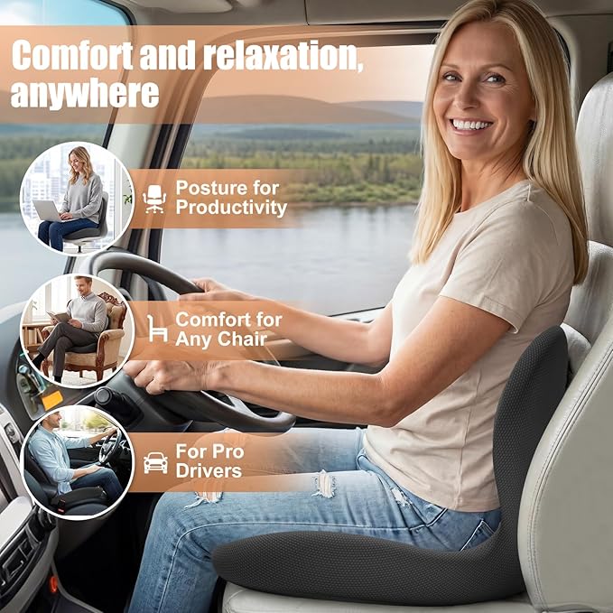 Car Seat Cushion with Lumbar Support for Long Driving Truck RV, 3" Lift Breathable Ergonomic Memory Foam Cushion for Hip, Coccyx, Sciatica, Tailbone & Lower Back Support Van Office Chair (Embroider)