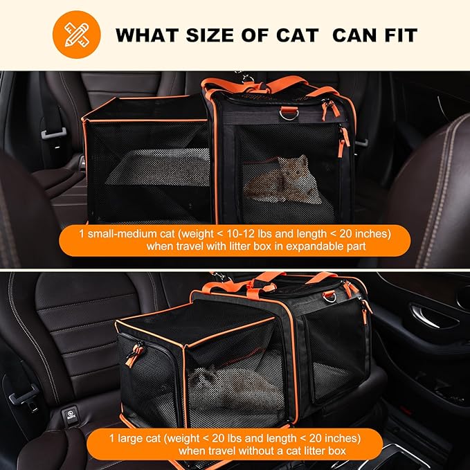 20 x 14 x 14 Expandable car Travel Carrier for 1 Small-Medium cat,with a Portable Leakproof Litter Box