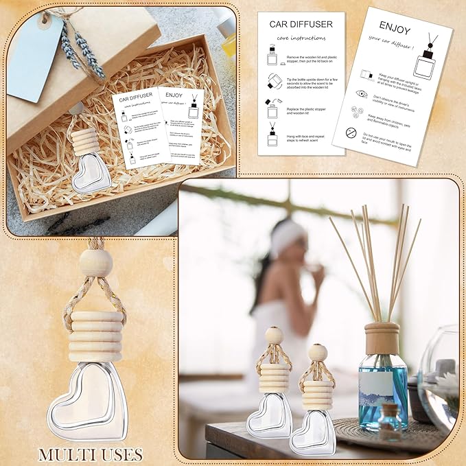 100 Sets Car Diffuser Bottles Empty Bulk Hanging Car Air Freshener Diffuser Bottles Glass Perfume Holder with Instruction Cards for Essential Oil Wedding Bridal Birthday Gifts (Heart)