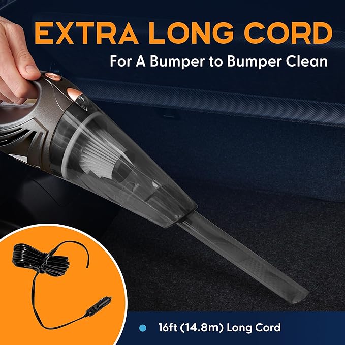 THISWORX Car Vacuum Cleaner - Portable, High Power, Handheld Vacuums w/ 3 Attachments, 16 Ft Cord & Bag - 12v, Auto Accessories Kit for Interior Detailing - Black