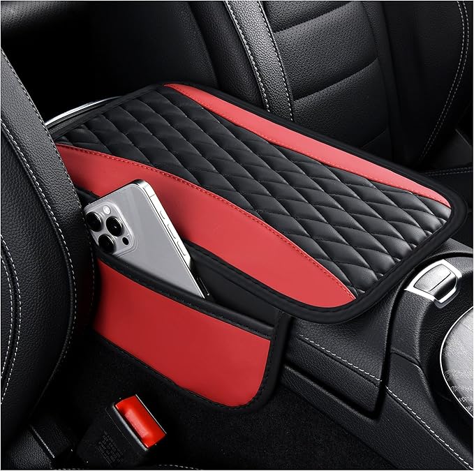 Patchwork Leather Center Console Covers for Cars,Upgraded Arm Rest Cover for Car with Side Storage Pocket for Car Seat Organizer,Middle Console Cover Stylish Car Decoration (Red)