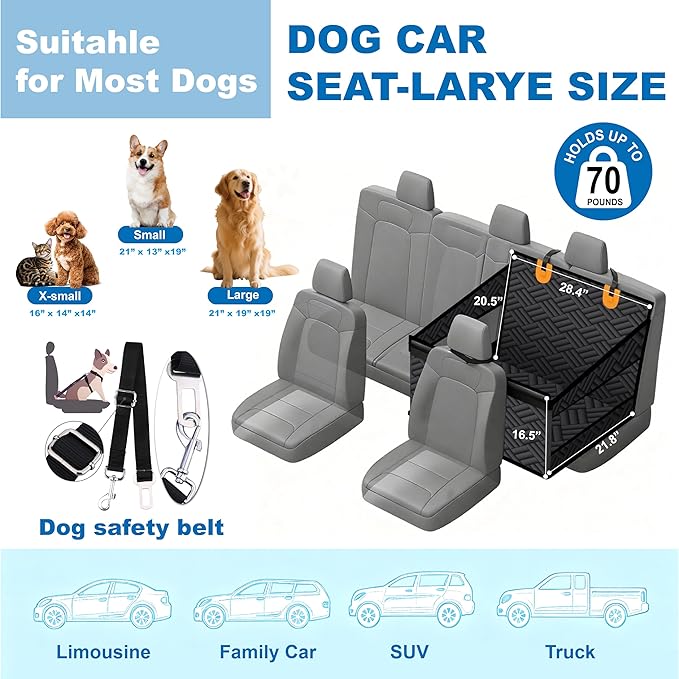 Dog Car Seat for Large Medium Dogs – Back Seat Extender for Dogs, Waterproof Medium Dog Carseat with Hard Bottom& Pet Seat Cover for Back Seat | Fits Sedans, SUVs, Trucks (Black)
