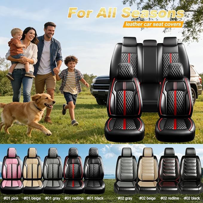 Fit Accord Car Seat Covers (Front Pair) for Select Honda Accord 2012-2026, Luxury Full Coverage Leather, Airbag Compatible, Waterproof & All Weather Seat Cushion Protector, Black with Red Trim