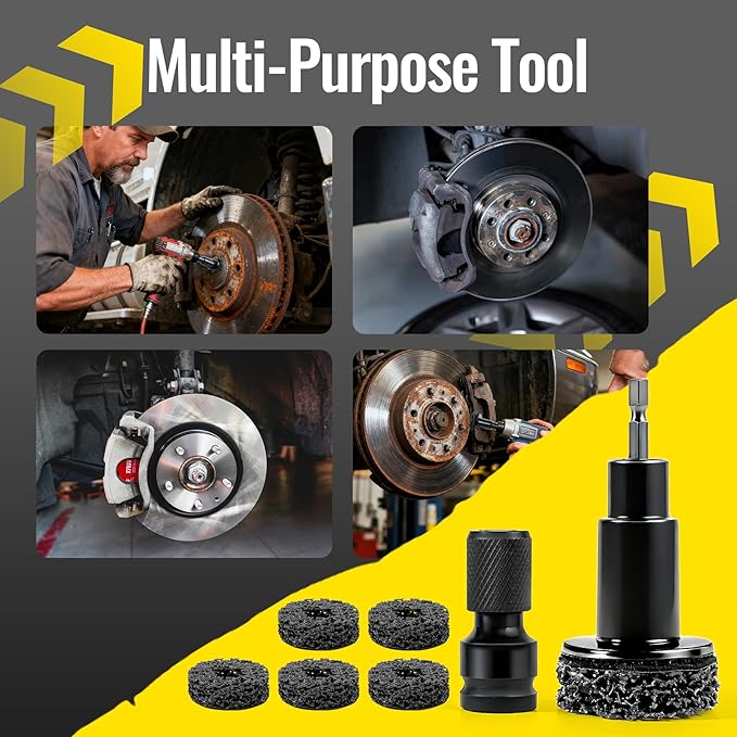 Huazu Wheel Hub Cleaning Tool, Brake Wheel Stud Cleaner, Wheel Hub Cleaning Kit with 6 Replaceable Pads, Holder & Adapter, Fits Power Drill or 1/2” Wrenches, Quick Rust Removal for Car & Truck