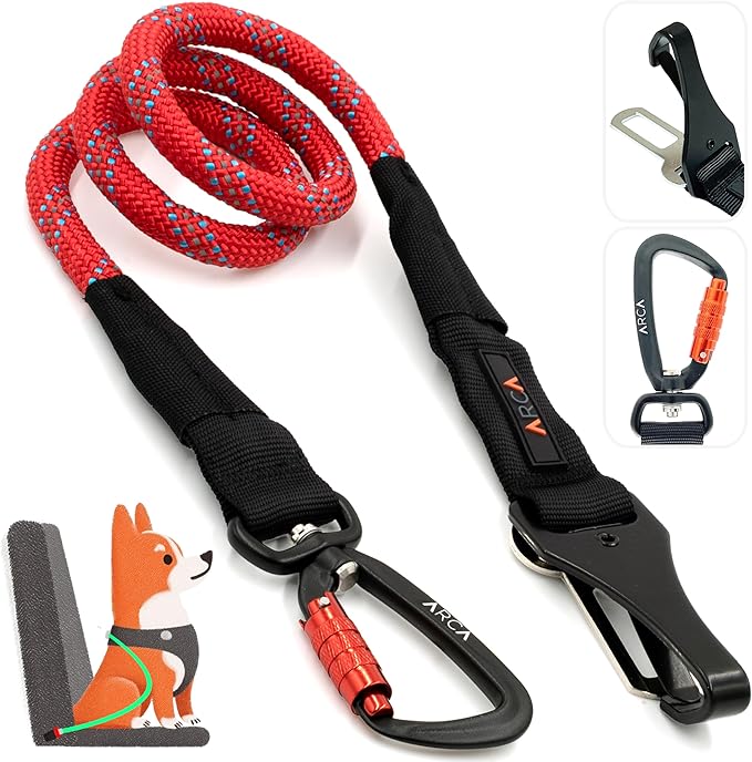 Dog Seat Belt for Car | Universal Pet Car Seatbelt with Reflective Climbing Rope, Aviation Aluminum Carabiner with 360° Swivel & Auto-Lock, Secure Safety Restraint (Canyon Red 360°)