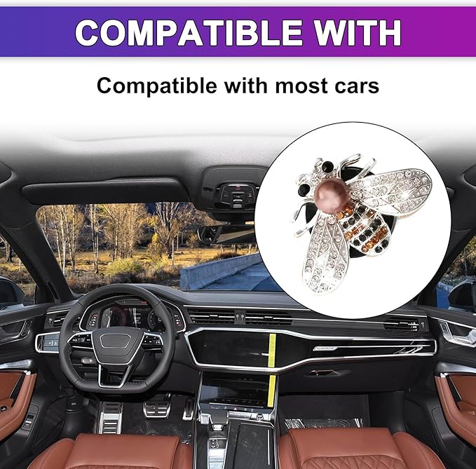 Shiny Bee Air Outlet Clips, Crystal Air Fresheners Vent Clips, Car Diffuser Vent Clip Rhinestone Diamond Interior Decor, Car Decoration, Bling Car Accessories (2 Pcs Silver)