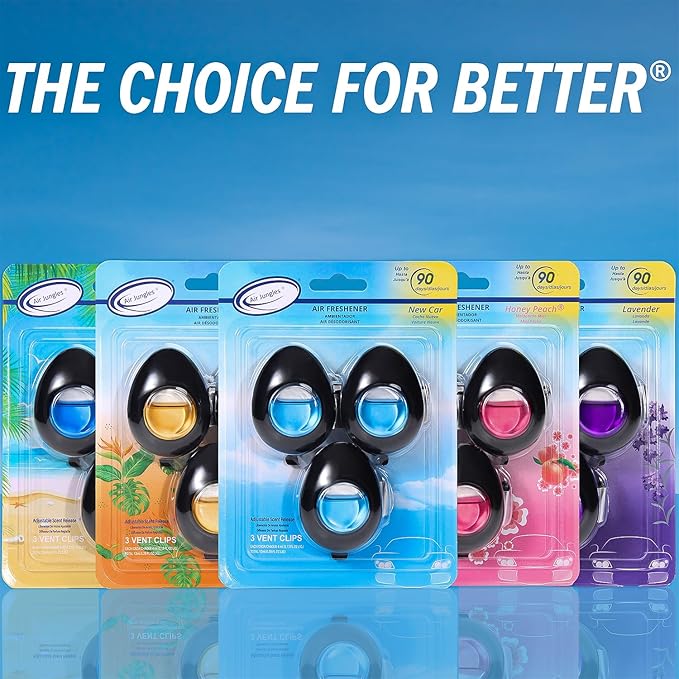Air Jungles Car Air Freshener Vent Clip 3 Count, Honey Peach Scent, 4 ml Each, Long-Lasting Car Odor Eliminator, Easy Clip-On Design, Up to 90 Days Freshness for Cars, Trucks, and SUVs