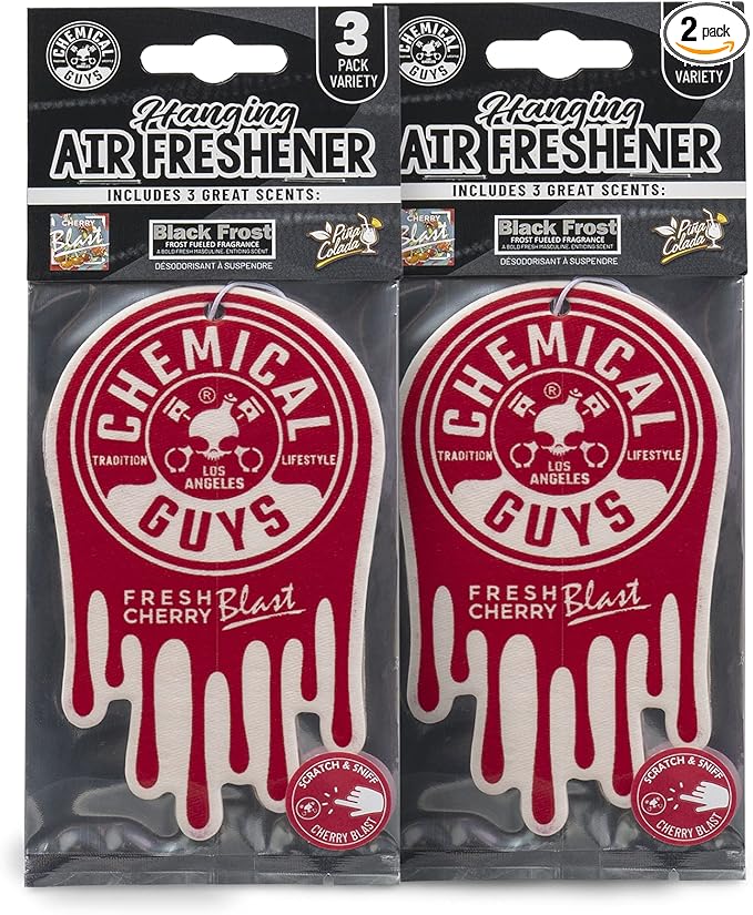 Chemical Guys Hanging Air Freshener, Variety Scent Pack 6 Pack, Great for Cars, Trucks, SUVs, RVs, Home, Garage, Workspace, Dorm Room & More (2 x 3 Packs, Black Frost, Cherry, Pina Colada) - AIR40402