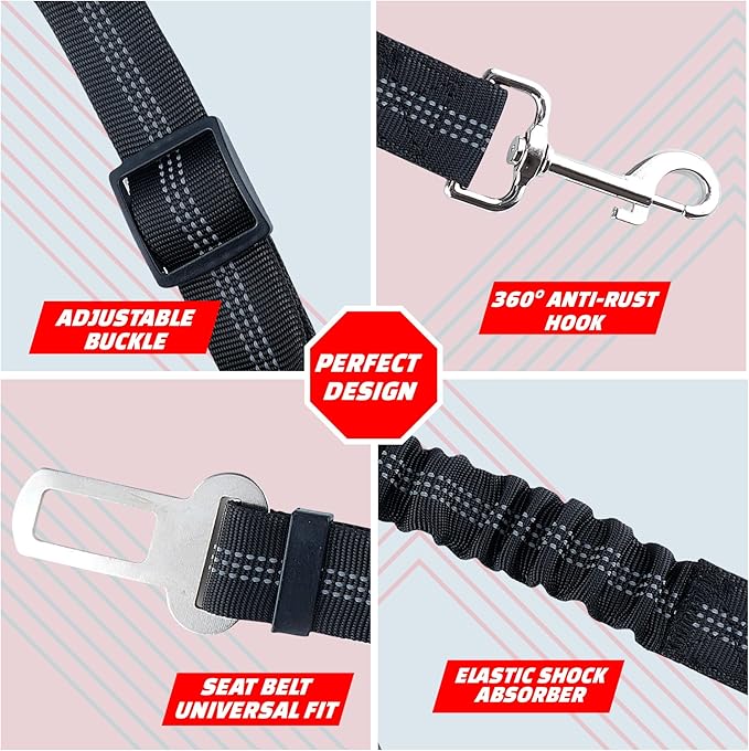 Janrie Dog Seat Belt, Adjustable Dog Seat Belt for Car - Retractable Vehicle Nylon Pet Safety Dog Car Harness, Metal Buckle with Elastic Bungee Buffer,Heavy Duty Seat Belt (1 Pack Black)
