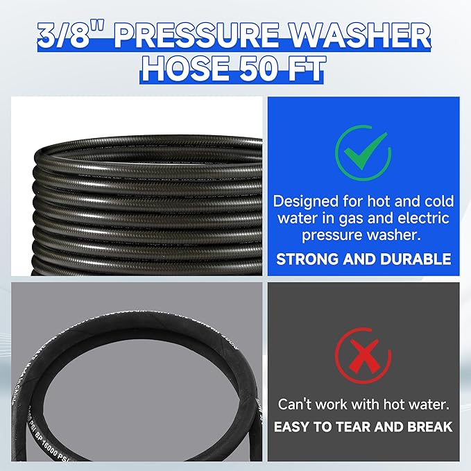 RIDGE WASHER Pressure Washer Hose 50 Feet X 3/8 Inch for Hot and Cold Water, 2-Wire Steel Braid Hose (R2), 3/8 Inch Quick Connect, 6000 PSI
