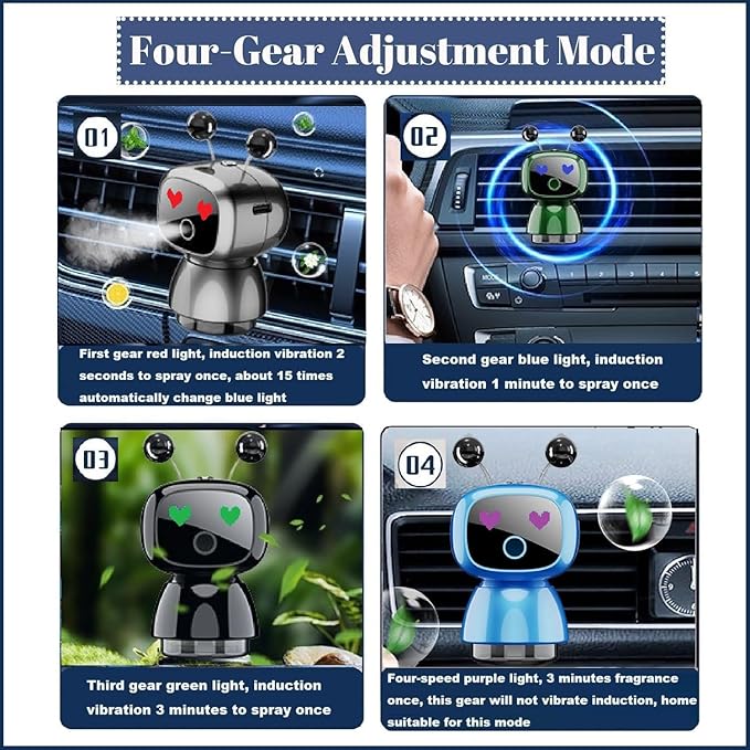 Robot Intelligent Aromatherapy Machine, Smart Cute Robot Car Air Freshener - Fine Spray/Fillable/Four-Gear Adjustment/Vibration Sensing/On-Off/Large Capacity Long-Lasting Fragrance/V3 (Blue, Ocean)
