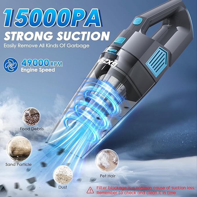 Handheld Vacuum Cordless, 15000PA Strong Suction Hand Held Car Vacuum Cleaner Rechargeable, Portable Hand Vacuum with Multi-Nozzles & Washable Filter for Home Office, Car, Pets