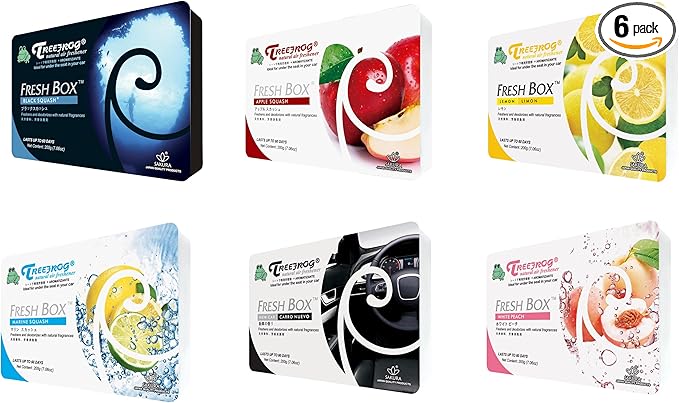 Treefrog Fresh Box (aka Xtreme Fresh) 6 Pack Assorted Scent Car Air Freshener (Apple Squash, Lemon, New Car, Marine, White Peach, Black Squash Scents)