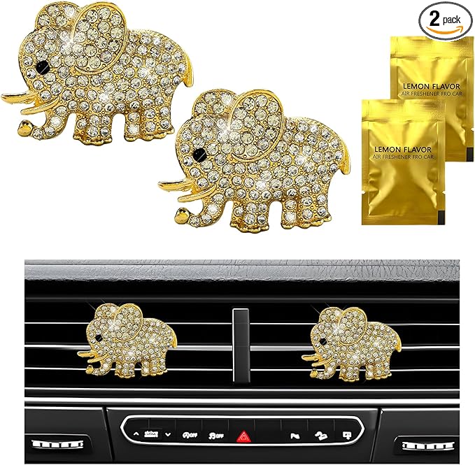 2 PCS Bling Car Air Vent Clip, Crystal Heart Car Air Fresheners Diffuser Vent Clip, Rhinestone Air Conditioning Outlet Clip For Women Girls, Interior Decor Car Accessories (Elephant, Golden)