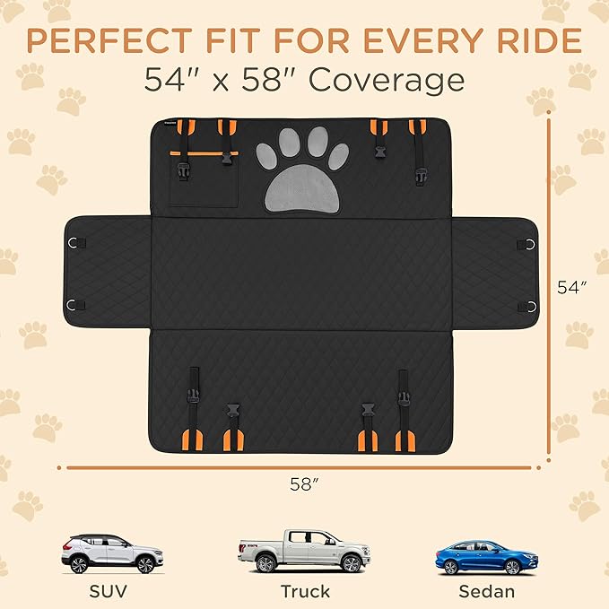 Pet Seat Cover for Back Seat – Waterproof Backseat Cover for Dogs in Car with Mesh Window, Oxford Fabric, Storage Pocket, Side Flaps & Carry Handles