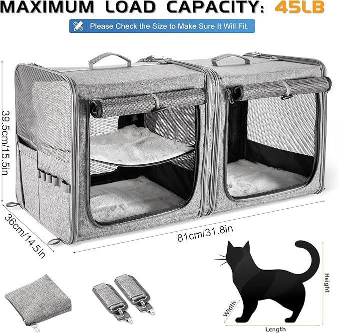 Suertree Large Cat Carrier for 2 Cats with Zipper Locks, Double Cat Carrier with Travel Litter Box, Soft Pet Travel Carrier for Cats and Small Dogs Up to 45 Lbs, Gray
